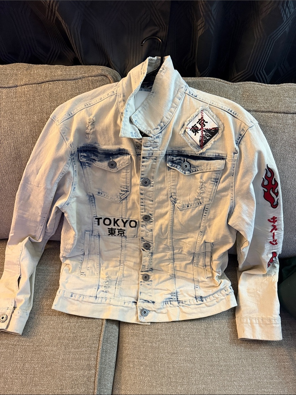 Light Wash Denim Jacket with Tokyo Graphic and Red Flame Sleeve